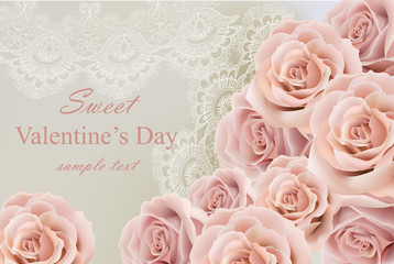 Valentine day Card with delicate roses and lace Vector
