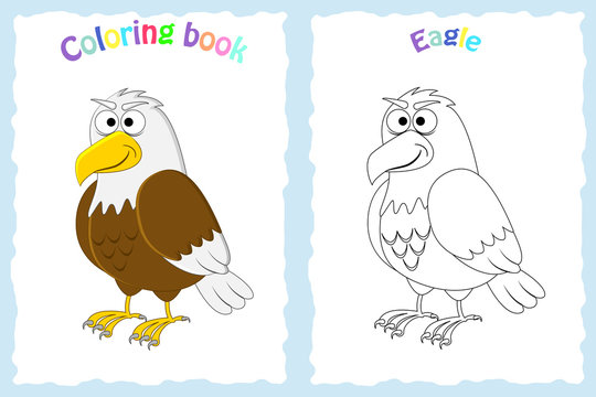 Coloring book page for preschool children with colorful  eagle  and sketch to color. American animal.