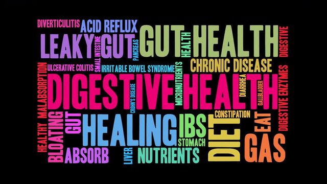 Digestive Health Animated Word Cloud on a black background. 