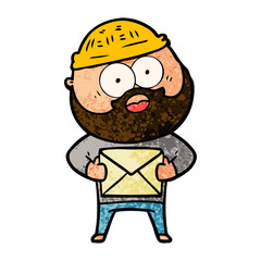 cartoon surprised bearded man holding letter