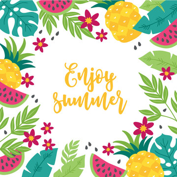 Summer greeting card with watermelon, tropical leaves, pineapple and flowers