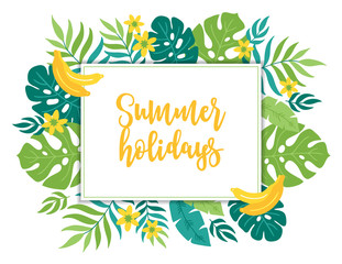 Summer greeting card with leaves, banana, flowers and rectangle label