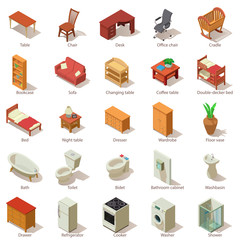 Domestic furniture icons set, isometric style