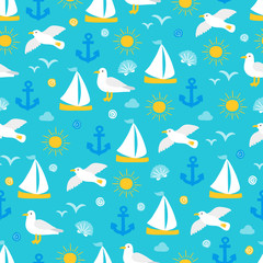 Obraz premium Seamless pattern with seagull, anchor, shell and sailing boat