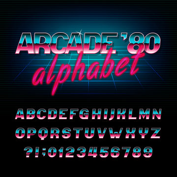 Arcade 80's retro alphabet font. Metallic effect shiny oblique letters and numbers. Vector typography for your design.
