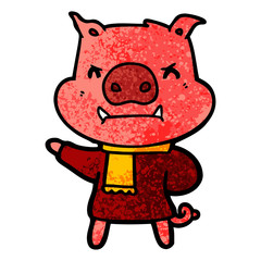 angry cartoon pig in winter clothes