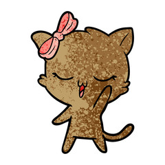 cartoon cat with bow on head waving