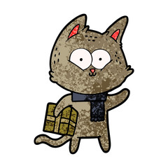 cartoon cat holding christmas present