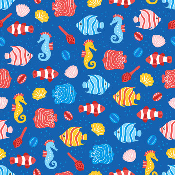 Seamless pattern with fish, shell and seahorse