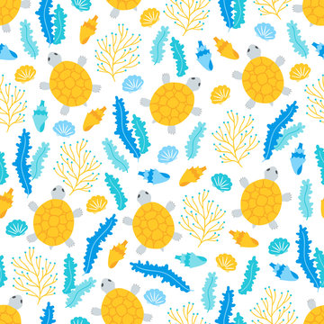 Seamless pattern with turtle, shell and seaweed