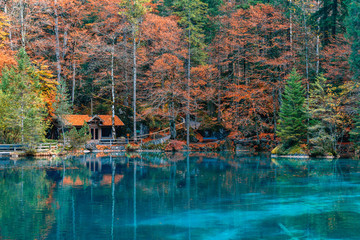 Beautiful crystal clear water at best-know Blausee lake in Kandersteg, Switzerland during autumn season