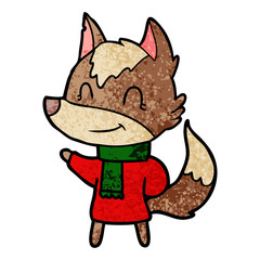friendly cartoon wolf in winter clothes