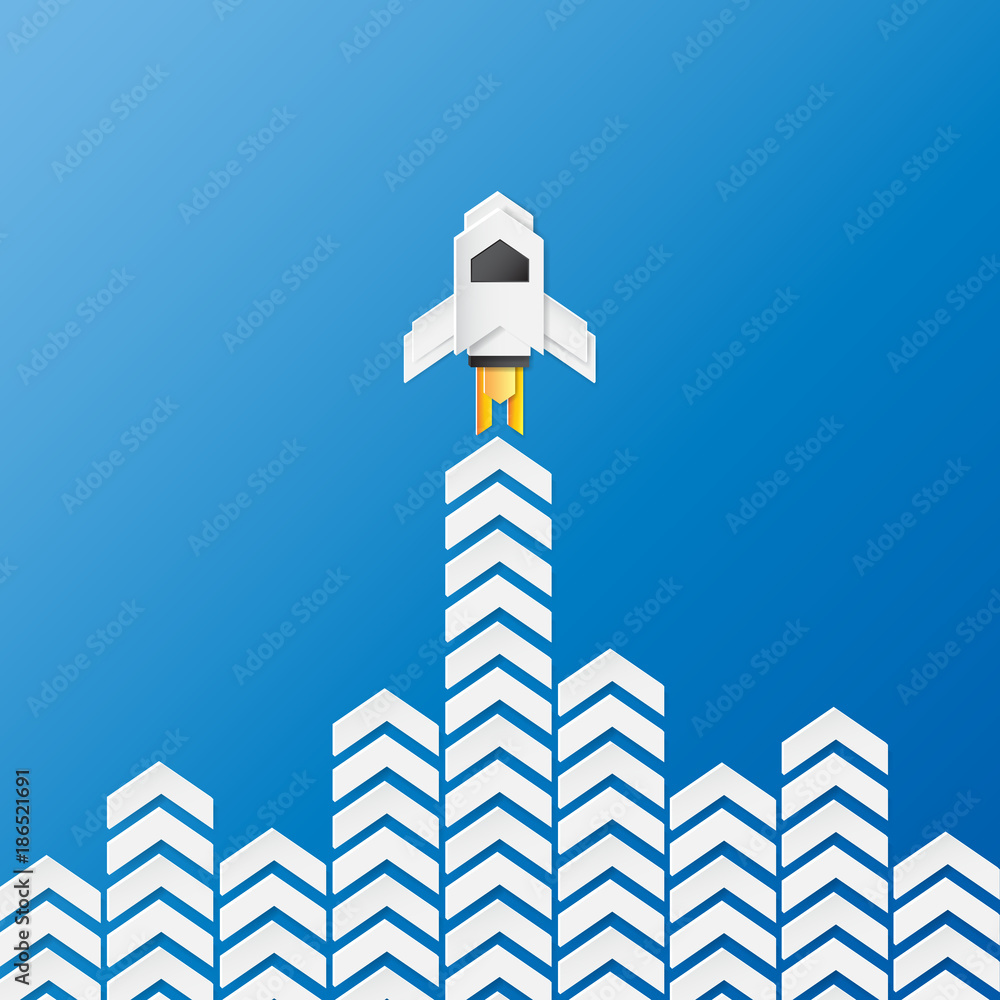 Poster business start up concept dedign.rocket ship paper art style in arrows shape.vector illustration.