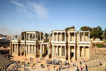 Marida, Spain - October 10, 2017 : View of fragments of architecture of theatre and amphitheater in...