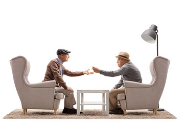 Seniors sitting in armchairs and arguing