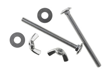Top view of a small group of wing nuts, bolts and washers isolated on a white background.