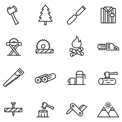 Lumberjack & woodcutter icon set. Logging line icons in squares, sawmill, logging truck, tree harvester, timber, lumberjack, etc.