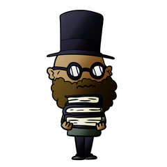 cartoon worried man with beard and stack of books
