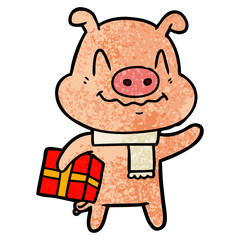 nervous cartoon pig with present