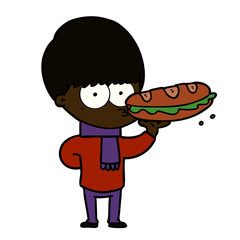 nervous cartoon boy with sandwich