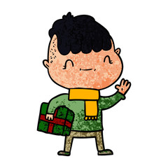 cartoon friendly boy with christmas present