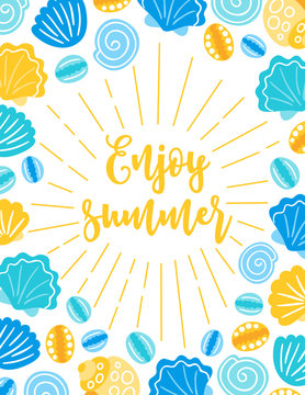 Summer greeting card with shells on white background