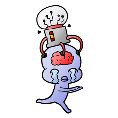 cartoon big brain alien crying with brain interface