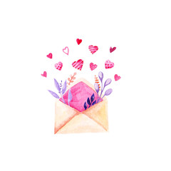Watercolor St Valentines Day illustration. Romantic envelope with hearts and flower twigs. For card, design, print or background