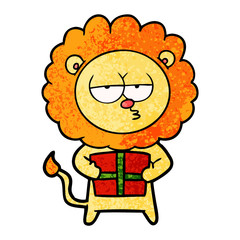 cartoon bored lion with present
