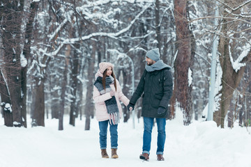 Fototapeta na wymiar young smiling couple holding hands and walking in winter park