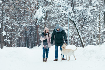 Fototapeta na wymiar young couple having fun together with dog in winter park