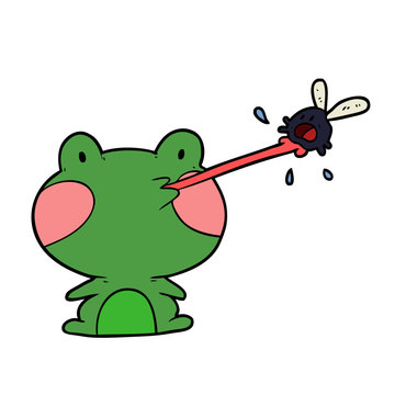 Cute Cartoon Frog Catching Fly With Tongue