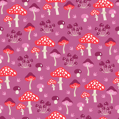 Seamless pattern with mushrooms on pink background