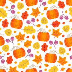 Seamless pattern with pumpkin, flowers, oak and maple leaves