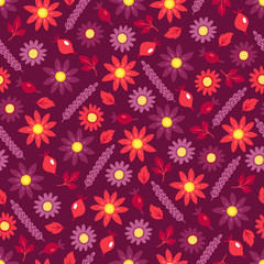 Seamless pattern with briar, chrysantemum and leaves
