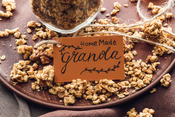 overhead view of homemade granola with tag on tray