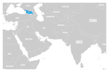 Georgia blue marked in political map of South Asia and Middle East. Simple flat vector map..