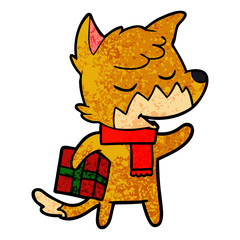 friendly cartoon fox with christmas present