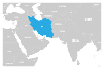 Iran blue marked in political map of South Asia and Middle East. Simple flat vector map..