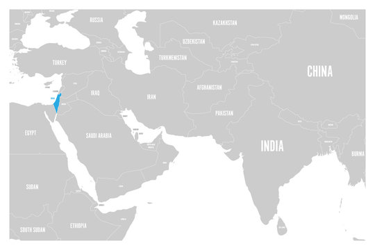 Israel blue marked in political map of South Asia and Middle East. Simple flat vector map..