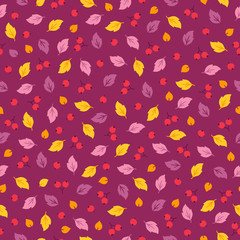 Seamless pattern with berries and leaves on violet background
