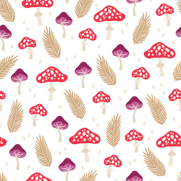 Seamless pattern with mushrooms, fir branches and drops