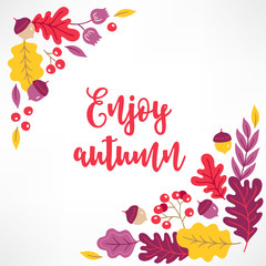 Autumn greeting card with berry, acorn, rowan and oak leaves