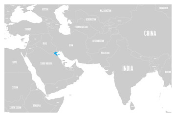 Kuwait blue marked in political map of South Asia and Middle East. Simple flat vector map..