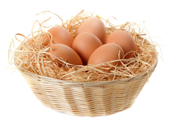 Brown eggs at hay in the basket on white