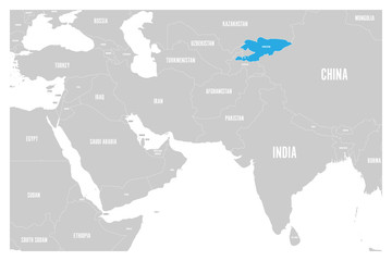 Kyrgyzstan blue marked in political map of South Asia and Middle East. Simple flat vector map..