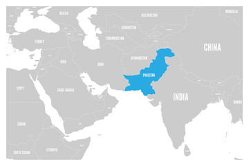 Pakistan blue marked in political map of South Asia and Middle East. Simple flat vector map..