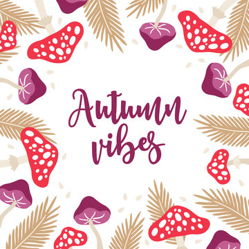 Autumn greeting card with fir branches, mushroom and drops