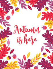 Fototapeta na wymiar Autumn greeting card with acorn, oak leaves and branches