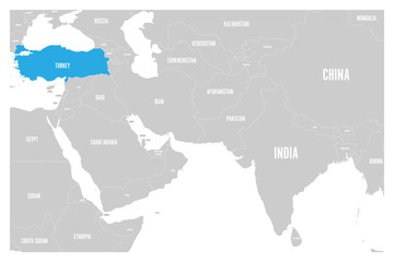 Turkey blue marked in political map of South Asia and Middle East. Simple flat vector map..